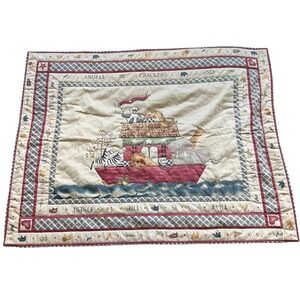 Vintage Noahs Ark Baby Quilt Blanket Animal Crackers Poem Nursery Decor Cream
